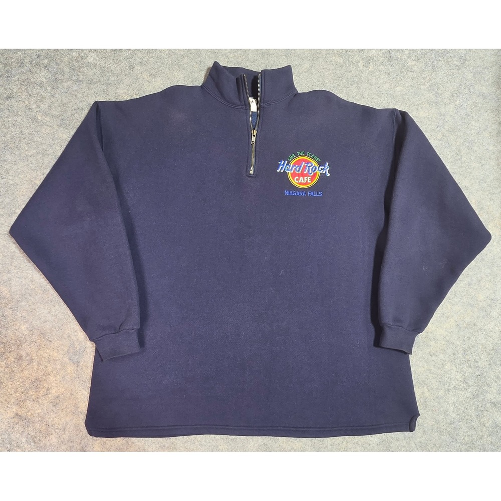 Vintage Hard Rock Cafe Niagara Falls 1/4 Zip Sweatshirt Blue XL USA Pullover